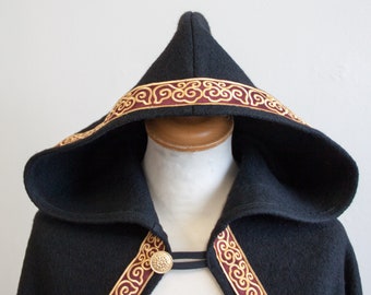 100% black wool cloak with embroidered trim -- Made to order