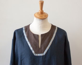 Navy blue and brown linen tunic with trim