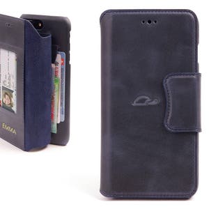 Capa tipo carteira para iPhone 8+ - Couro - Capa de couro personalizada para iPhone 8+ - Capa estilo livro - Compartimentos para cartões - Suporte - AZUL