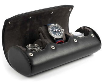 Estuche de cuero negro para 3 relojes con función de visualización