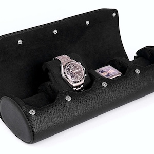 Travel & Storage Watch Roll For 4 Watches With Stand Function - Watch Box For Storage - Epsom Leather - Men&#39;s Gift - Color: BLACK