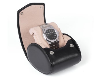 Travel Watch Box - Watch Pouch for Travel and Storage - Single- Watch Case - Stand Function - Smooth Natural Leather - BLACK / BEIGE