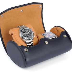 Travel Watch Case For 2 Watches - Storage Watch Box With Stand Function - Smooth Leather - Men&#39;s Gift - Color: NAVY BLUE