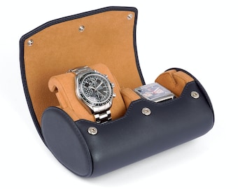 Watch Box For 2 Watches for Travel and Storage in Navy Blue Leather