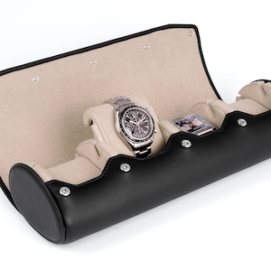 Leren horlogerol voor 4 horloges - Met standaardfunctie - Horlogekast opberger - Glad leer - Herencadeau - Kleur: ZWART