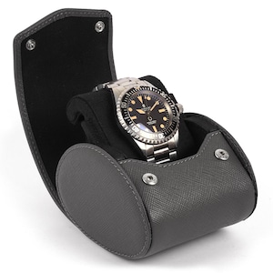 Scatola porta orologi per viaggio e conservazione - Custodia per orologio singolo con funzione di supporto - Custodia per orologio - Pelle Saffiano - Regalo per uomo - Colore: GRIGIO