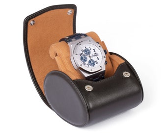 Travel Watch Case With Stand Function - Storage Watch Box - Smooth Leather - Men's Gift - Color: DARK BROWN