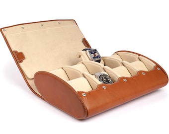 Watch Box for 8 Watches - Natural Full Grain Leather - For Storage & Presentation - Men's Gift - Husband's Gift - NATURAL-COGNAC