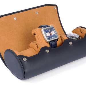 Watch Box for 3 Watches - Leather Watch Case With Stand Function - Personalized Gift - Smooth Full Grain Leather - Color: NAVY BLUE