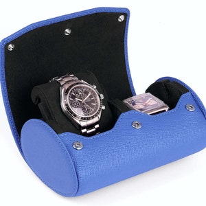 Travel Watch Roll With Stand Function For 2 Watches - Men&#39;s Gift - Color: BLUE EPSOM LEATHER