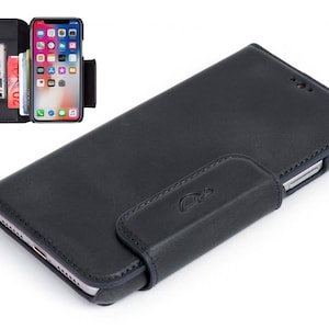 iPhone X / Xs Etui Cuir - Pochette iPhone X / Xs - Housse iPhone X - Fourre iPhone X - Cartes - Stand - Cuir vintage - NOIR (ANTHRACITE)