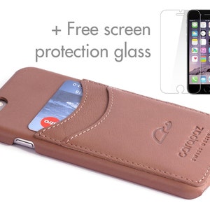 iPhone 6 lederen hoes - Wordt geleverd met beschermingsglas - iPhone 6 lederen hoes- iPhone 6 Slim Case - Kaarten - Echt leer - ROSY BROWN