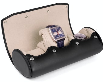 Estuche de viaje para 3 relojes - Estuche de cuero - Con función de visualización - Caja de almacenamiento - Cuero liso - Regalo para hombre - Color: NEGRO