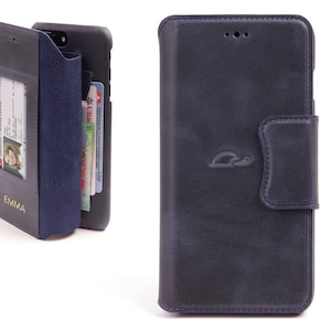 iPhone 7 Plus Wallet Case - Etui cuir personnalisé iPhone 7 Plus - Pochette iPhone 7 Plus - Folio Case - Cartes - Stand -  BLEU FONCÉ