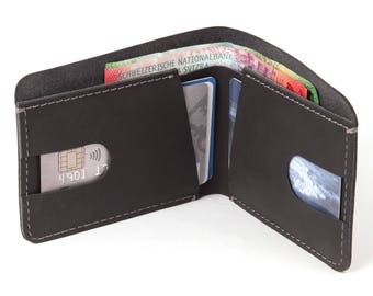 Minimalistische Brieftasche - schlanke Leder Brieftasche - Bifold Karte Brieftasche - dünne Brieftasche - Matt Leder - bis zu 14 Karten - von Hand gemacht - schwarz