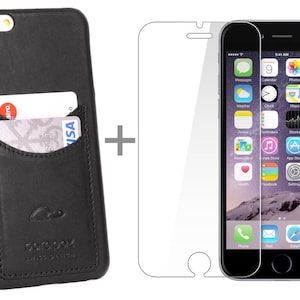 iPhone 6+ レザーケース - スクリーン保護ガラス付き - カード - ハードカバー iPhone 6+ - 本革 - スリムケース