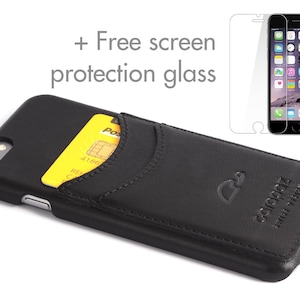 iPhone 6 lederen hoes - iPhone-hoes met 2 kaartsleuven - Wordt geleverd met beschermingsglas - iPhone 6 Slim Case - Echt leer - ZWART