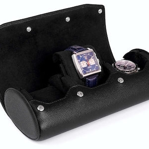 3-Watch Roll With Stand Function In Black Epsom Leather - Watch Box For Travel and Storage - Ideal Men&#39;s Gift - Color: BLACK