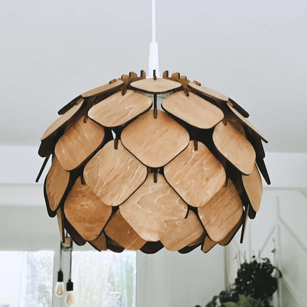 Lampe suspension bois, plafonnier en forme de lotus, abat-jour en lame