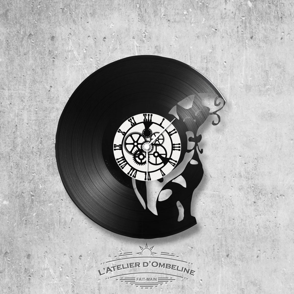 Horloge en Disque Vinyle 33 Tours Thème Chat Seul avec Tâches