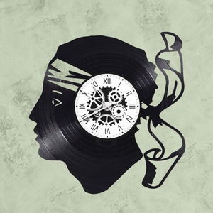 May include: Black vinyl record clock with a silhouette of a person's head with a bandanna and a scroll. The clock face features Roman numerals and gears.