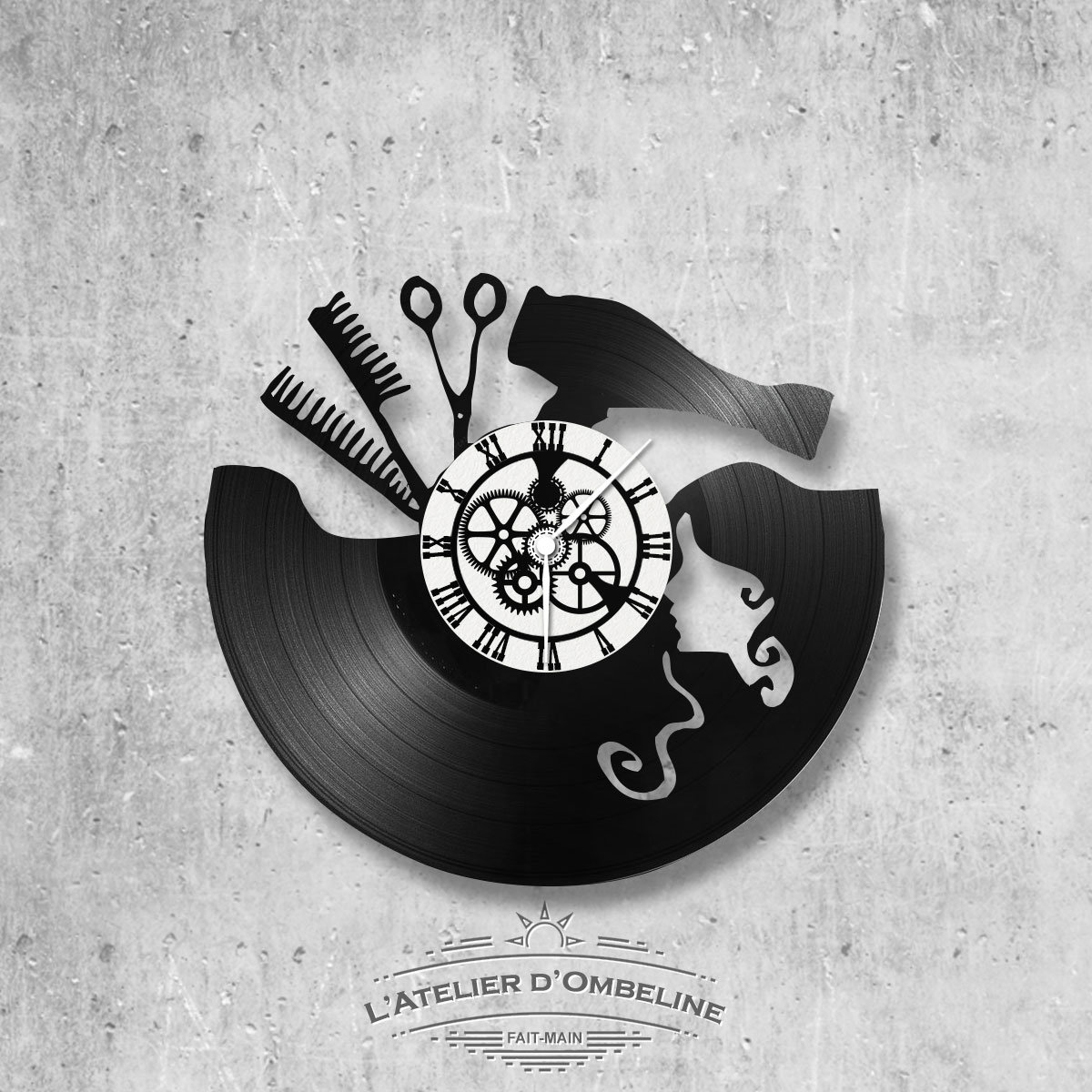 Horloge en Disque Vinyle 33 Tours Thème Coiffeur