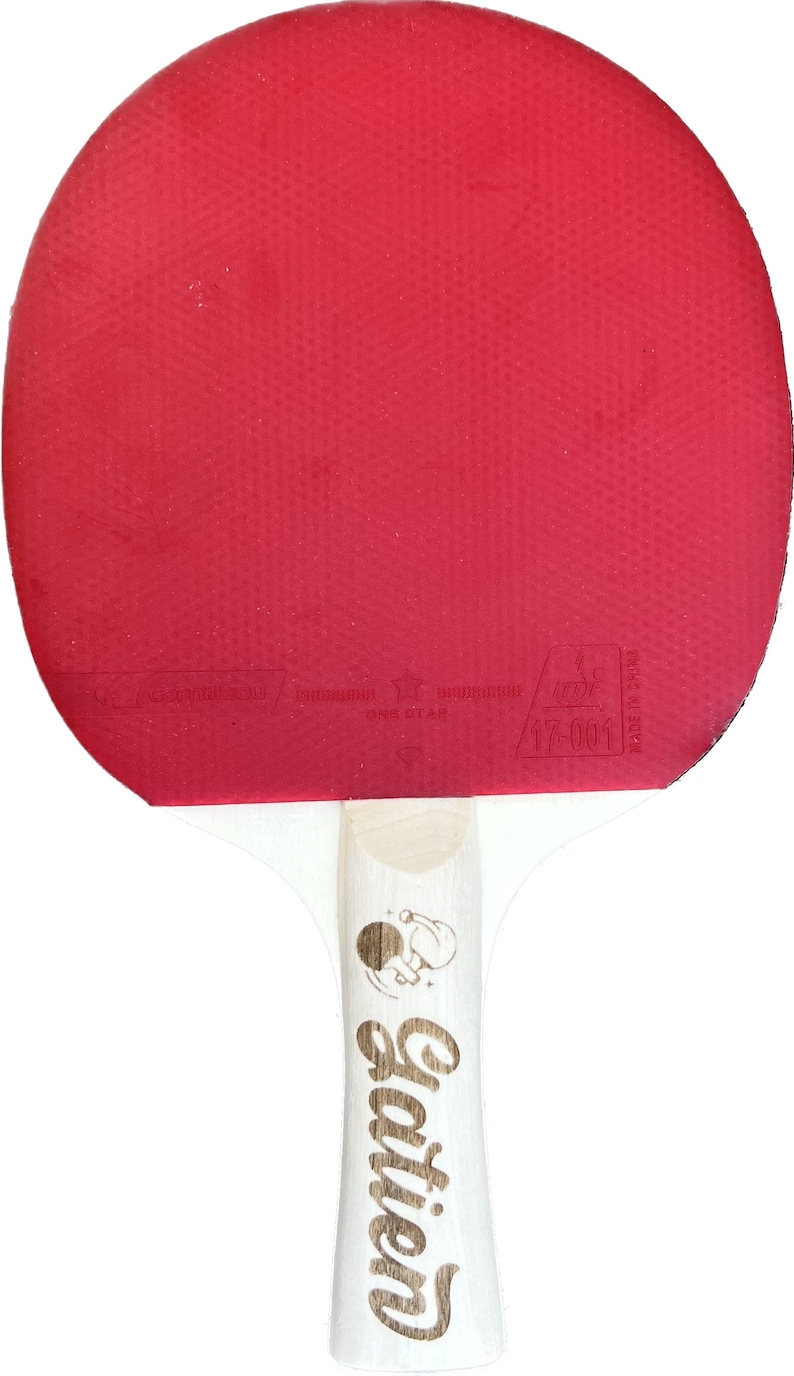 May include: Red table tennis paddle with a wooden handle. The handle has the word "Gattien" engraved on it. The paddle has a one-star rating and the text "Made in China" printed on it.