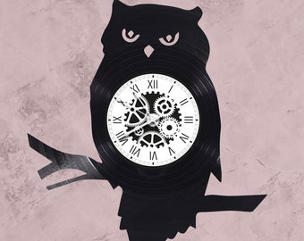 Horloge en disque vinyle 33 tours thème Hibou