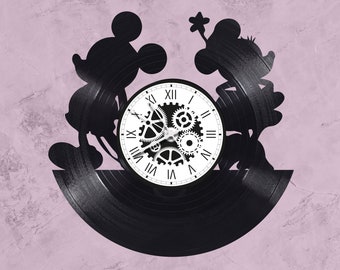 Horloge en disque vinyle 33 tours thème Mickey et Minnie