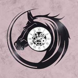 May include: A black vinyl record clock with a horse head design. The clock face is white with black Roman numerals and gears.