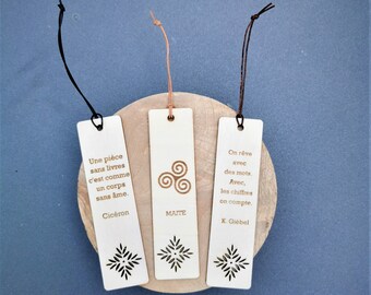 Personalized wooden bookmark, with leather strap pompom.