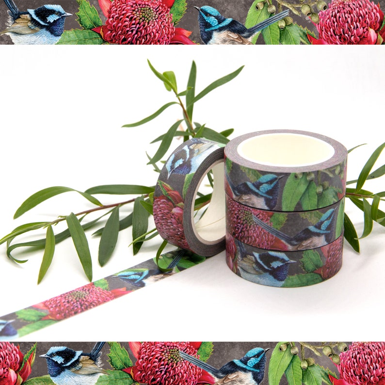 WASHI TAPE Waratah and Wren Australian Red Waratah and Super Fairy Wren image 1