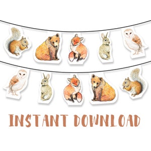 May include: A decorative bunting featuring illustrations of woodland creatures such as squirrels, bears, foxes, rabbits, and owls. The images are in natural colours. The words "INSTANT DOWNLOAD" are printed in brown at the bottom.