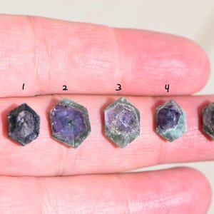 May include: Five small, hexagonal crystals in shades of purple, green, and gray are displayed. The crystals are numbered 1 through 5. The crystals are held in a hand.