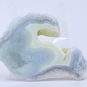 Pu&ograve; includere: Una geode di agata blu chiaro e bianco con una forma unica e curva. La geode ha un esterno naturale e ruvido e un interno liscio e lucido.