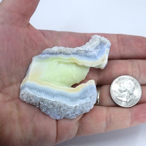 Pu&ograve; includere: Una geode di agata a bande blu chiaro, giallo e bianco con un esterno ruvido e testurizzato. La geode &egrave; circa delle dimensioni di una moneta da 20 centesimi di euro.