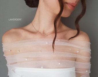 PEARLY LOVE  | Off the shoulder bridal wrap with SWAROVSKI pearls. Beaded off the shoulder wedding shawl