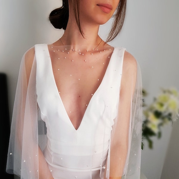 PEARL | Wedding cape with SWAROVSKI pearls. Pearled bridal cover up. Ceremony dress topper