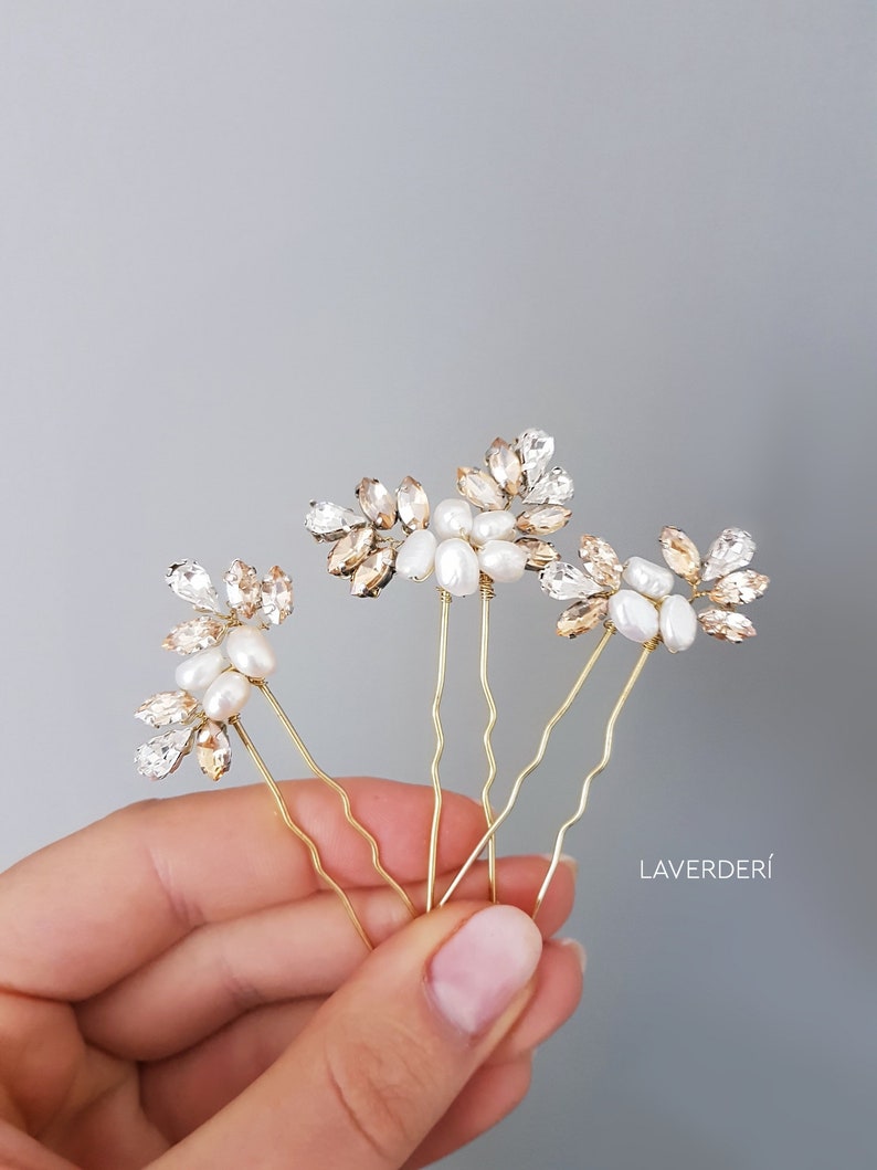 Gold crystal wedding hair pieceBridal gold champagne crystal hair pinsBaroque pearls hair accessoryWedding hair pins Set of 3 pins