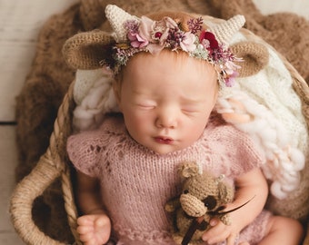 Cow's ears horn newborn infant ears set crochet toy pastel greenery Cream flower crown floral headband easter  prop RTS