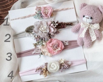 Newborn flower headbands RTS photo prop crochet eco toys photography props set baby girl headband set of tiebacks blanket accessories