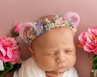 Bear's ear Halo set newborn infant ears pearls Pink set crochet toy pastel greenery Cream flower crown floral headband crown photo prop RTS