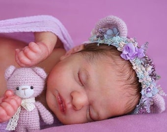Bear's ear Halo newborn infant ears pearls wrap  set crochet toy pastel greenery Cream flower crown floral headband easter prop RTS