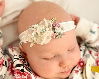 Baby Girl Floral Headband Shower Gift Newborn Photo Prop white Ivory Cream flower tieback RTS