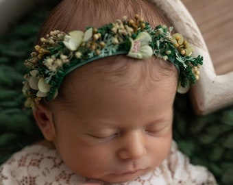 Green flower wreath, Spring Newborn flower headband prop, Set wrap and headband RTS newborn photography props, baby headband, flower tieback