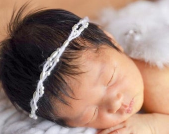 Newborn pearl beads headband Christening Headband Baby Headband Ivory Pearl Baby Crown RTS newborn props, Floral tieback Headband,