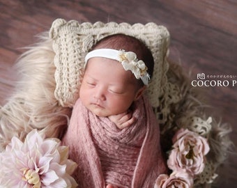 Bow White Newborn Headband set, Wrap, newborn wooden bed flower Headband RTS Spring ivory photography props baby girl gift easter