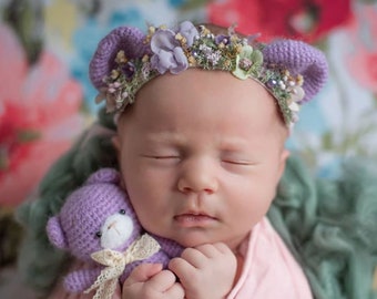 Bear's ear Halo set newborn infant ears pearls Pink set crochet toy pastel greenery Cream flower crown floral headband photo prop RTS