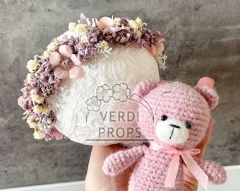 Bear's Crochet Toy Halo Set Newborn Infant Pearls Pink Set pastel greenery Cream flower crown floral headband crown photo prop RTS