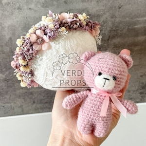 Bear&#39;s Crochet Toy Halo Set Newborn Infant Pearls Pink Set pastel greenery Cream flower crown floral headband crown photo prop RTS